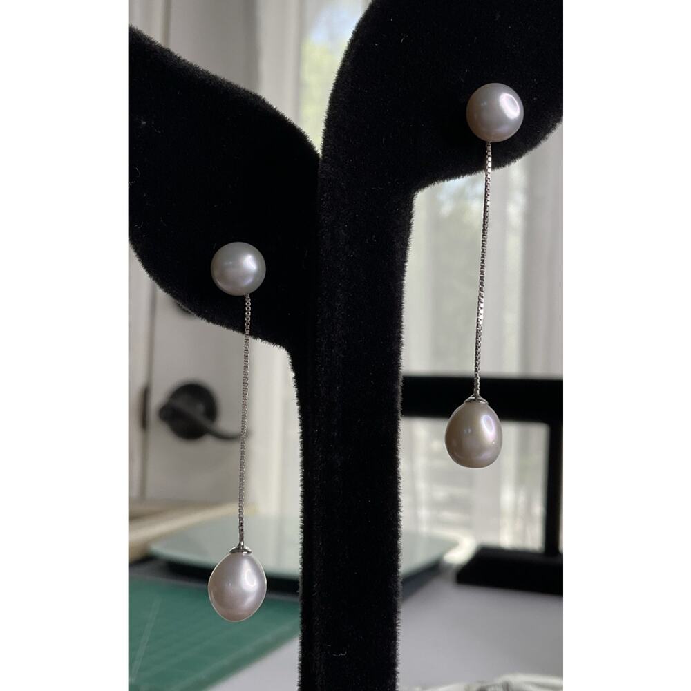 Sterling Silver Pearl Drop Earrings Long Dangle Minimalist